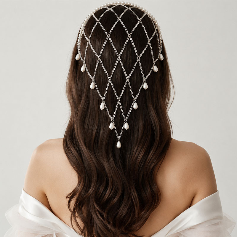 Beaded Trim Fringe - Tocado de malla con perlas de